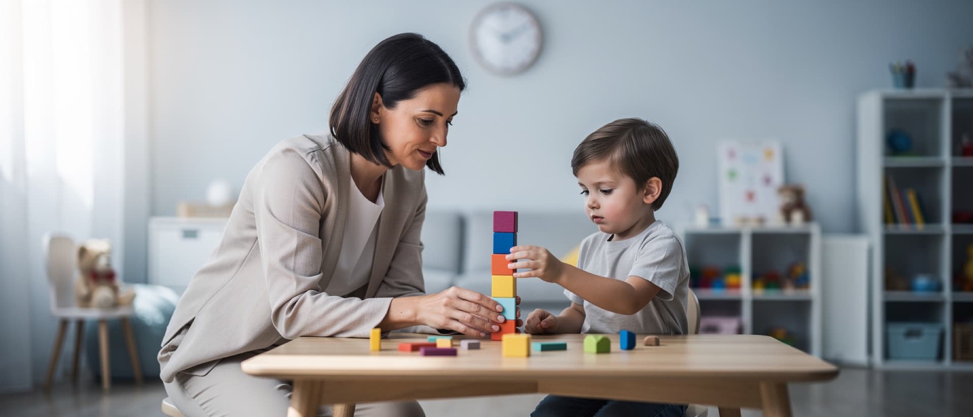 Therapist and young child stacking blocks in a therapy room, comparing ABA therapy cost per hour in the US and abroad