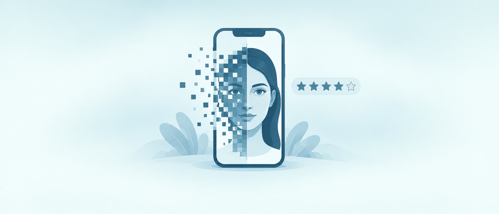Phone showing a face half dissolving into pixels beside a four-star rating, for AI-made before and after photos and reviews