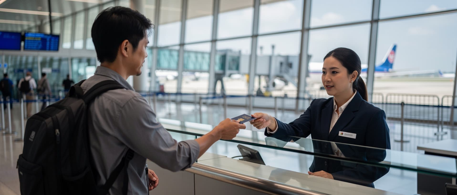 Traveller handing a passport at airport passport control, for medical visas to China and Korea