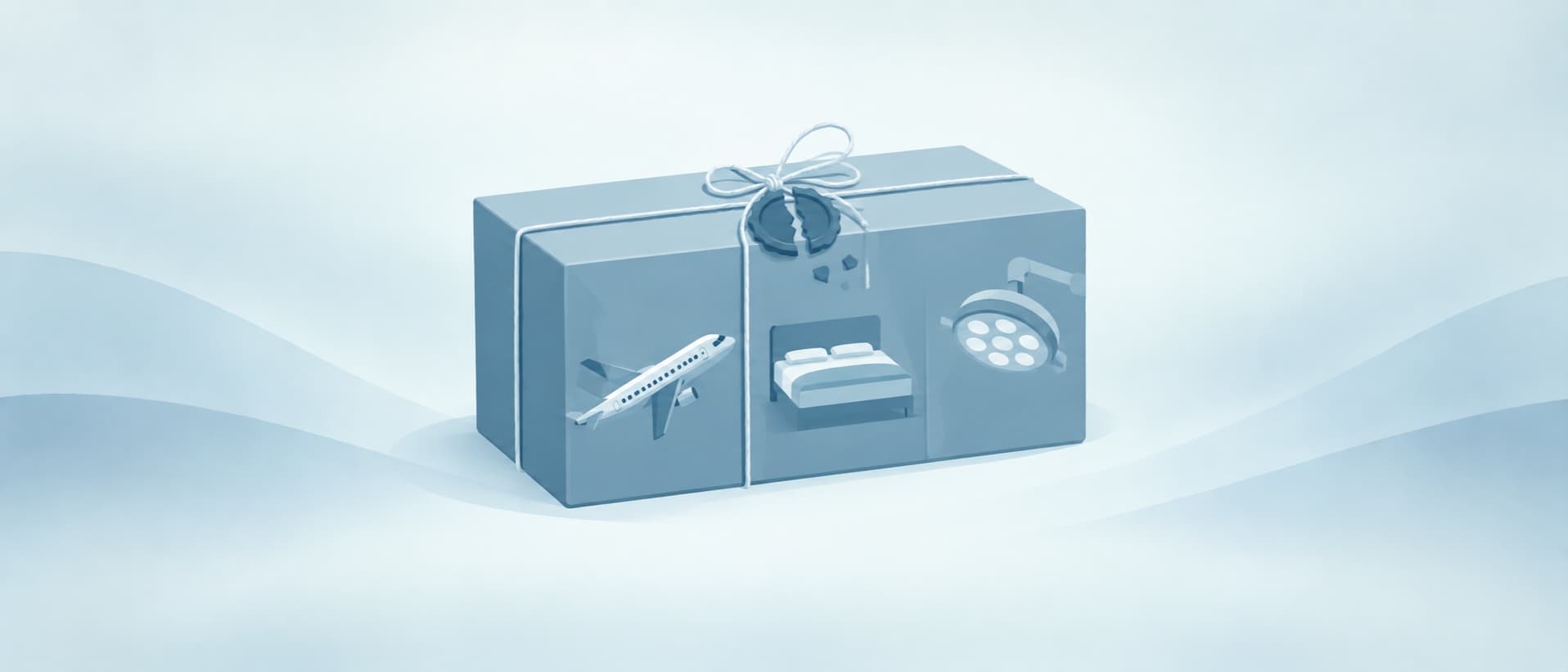 Box of flight, hotel bed and operating lamp with a broken seal, for whether surgery trips are ATOL protected