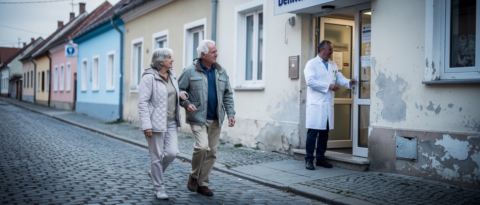 Couple greeted at a dental clinic in a Hungarian border town, for dental implants in Hungary and what ÖGK refunds