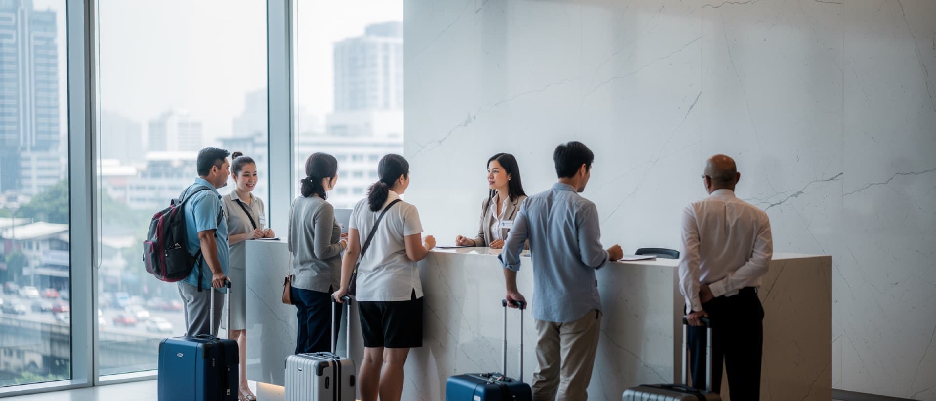 Travellers with suitcases checking in at a Bangkok hospital lobby, for Asia-Pacific medical tourism market growth