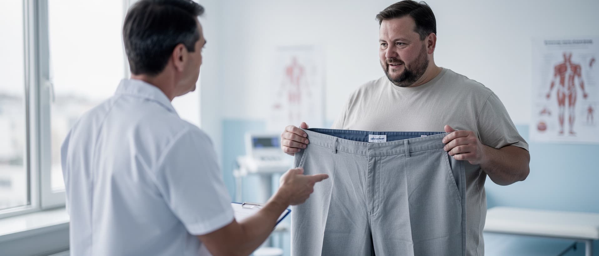 Man holding his old larger trousers in a surgeon's consultation, for excess skin removal after GLP-1 weight loss