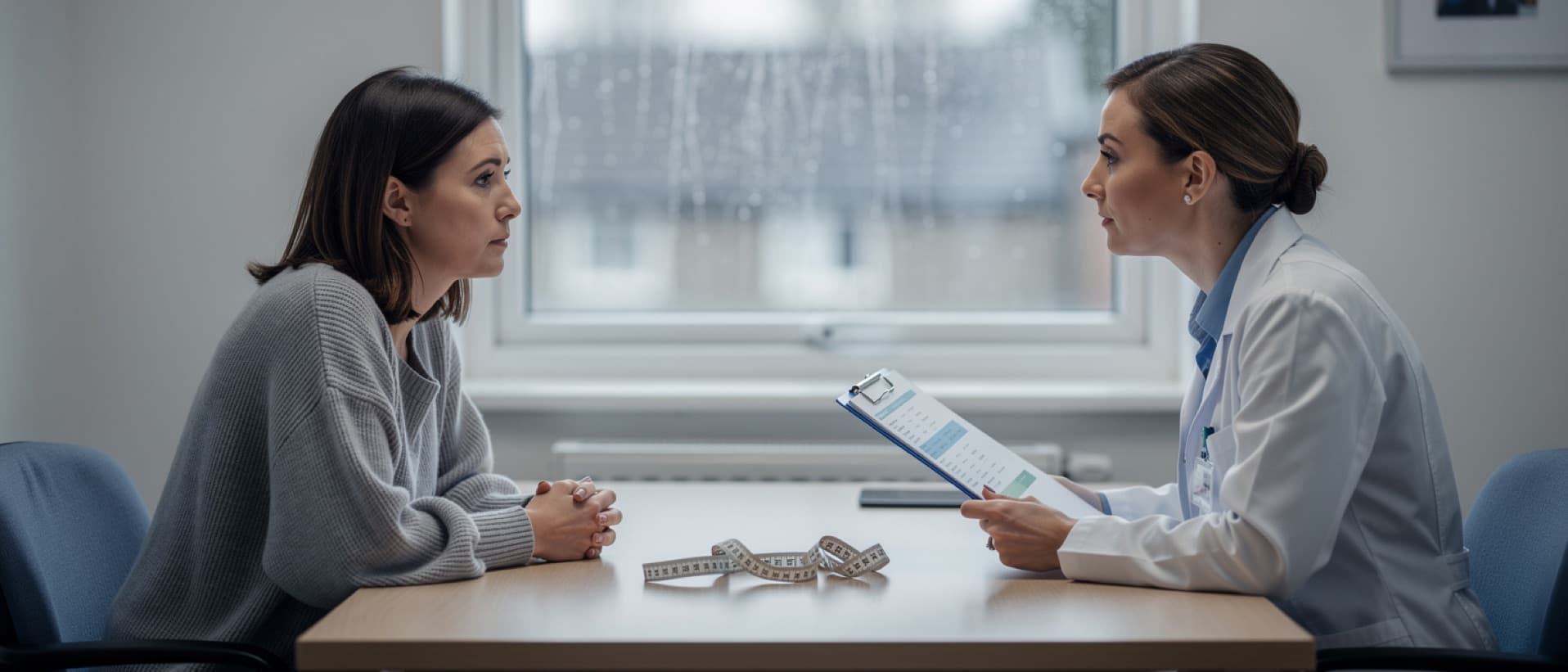 Woman facing a consultant with a criteria clipboard and tape measure, before breast reduction in Mexico or Turkey