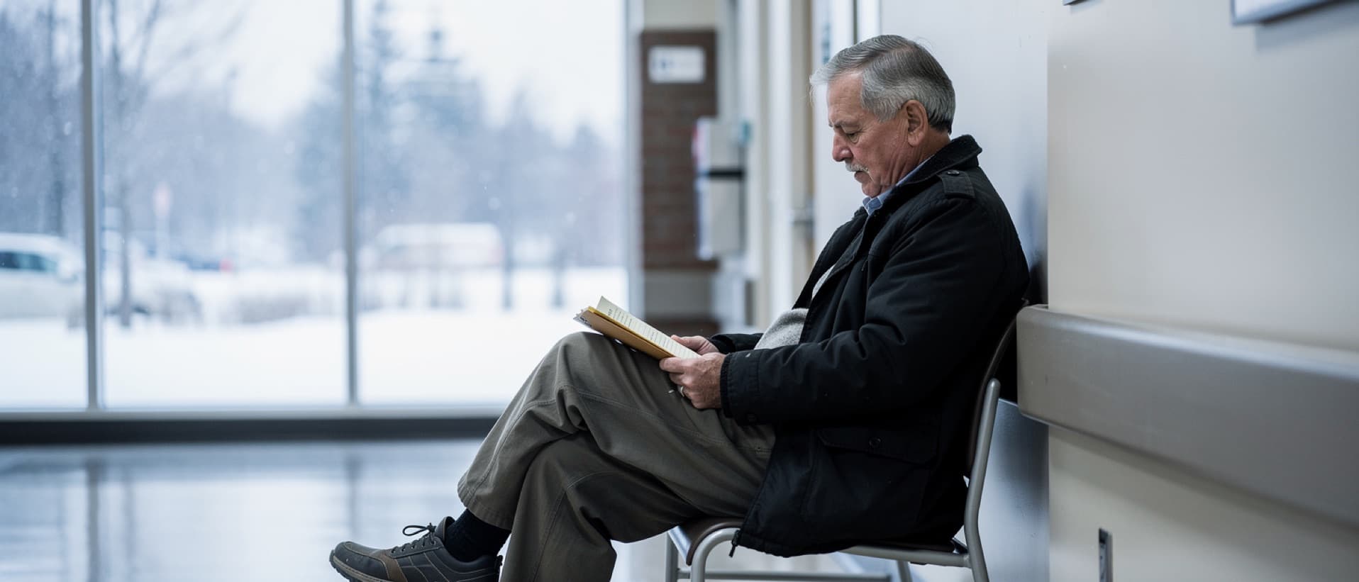 Older man waiting alone in a snowy Canadian hospital corridor, for patients who died on Canada's medical wait lists