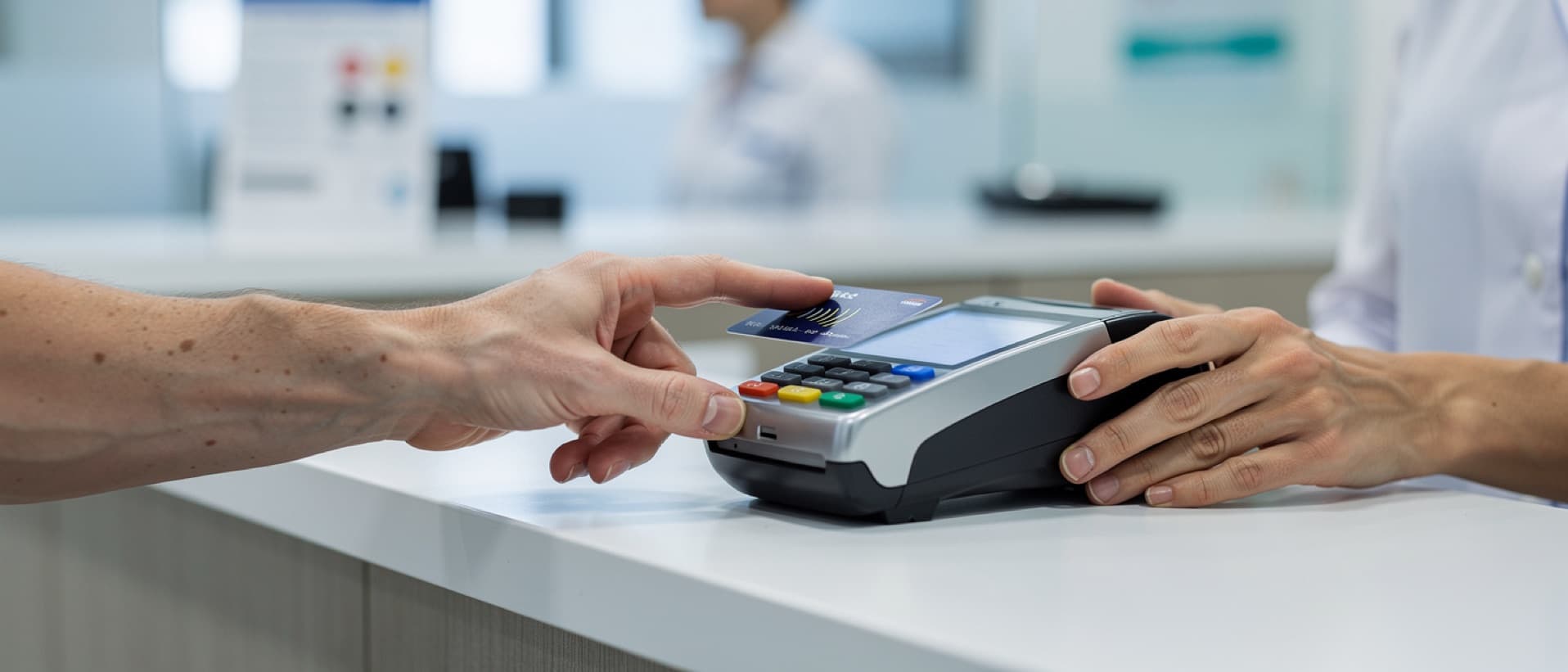 Patient paying a clinic bill with a credit card at a terminal, for card fees and currency conversion abroad