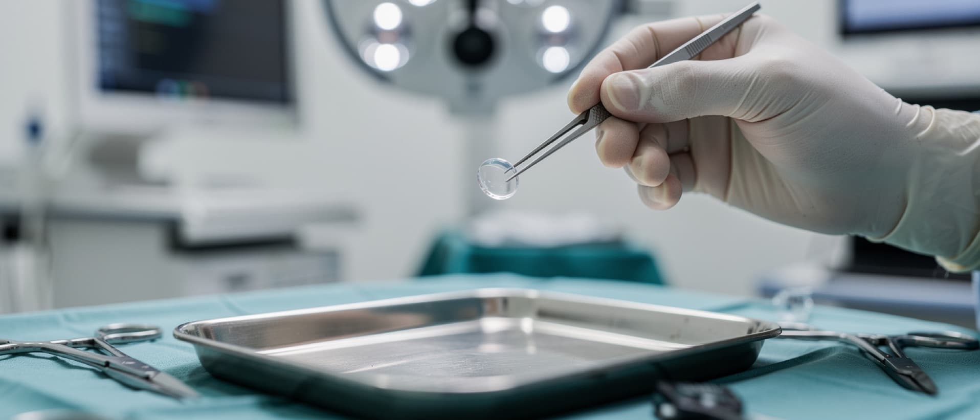 Surgeon holding a tiny intraocular lens with forceps, for cataract surgery price with a premium multifocal lens