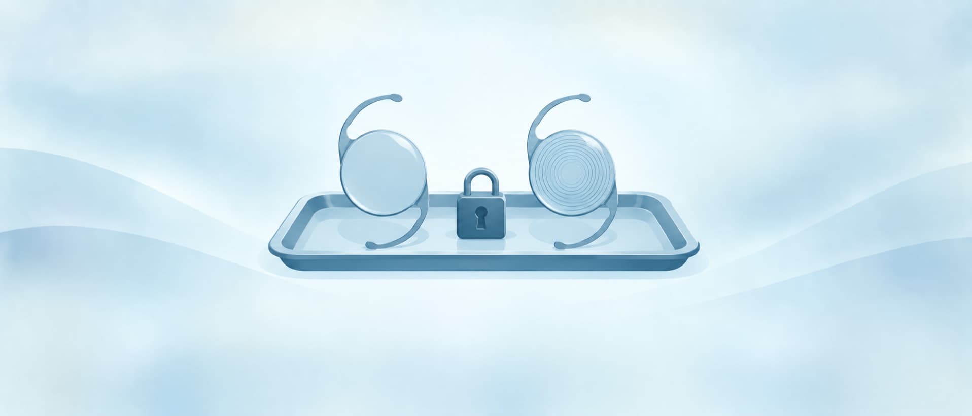 Monofocal and multifocal eye lenses on a tray with a padlock between them, for cataract surgery price with a premium lens