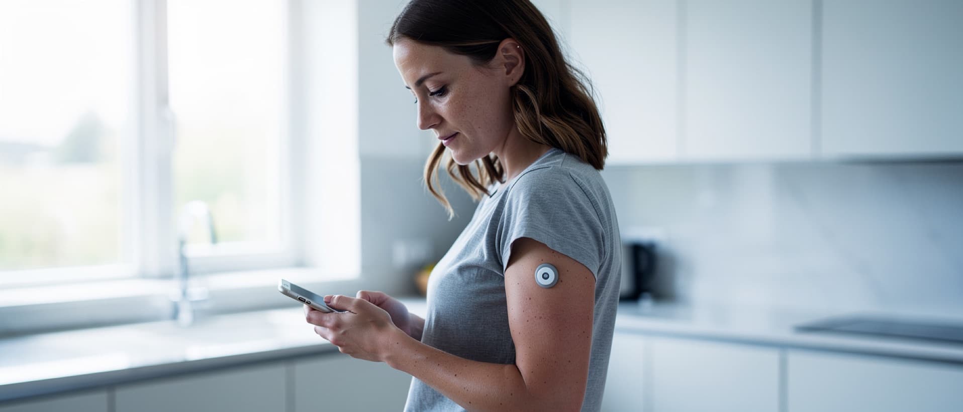 Woman checking her phone with a glucose sensor on her upper arm, for FreeStyle Libre cost vs Dexcom