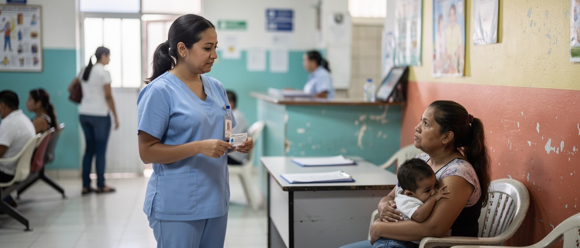 Nurse with a vaccination card beside a mother and toddler in a clinic, for measles cases in 2026 and vaccination coverage