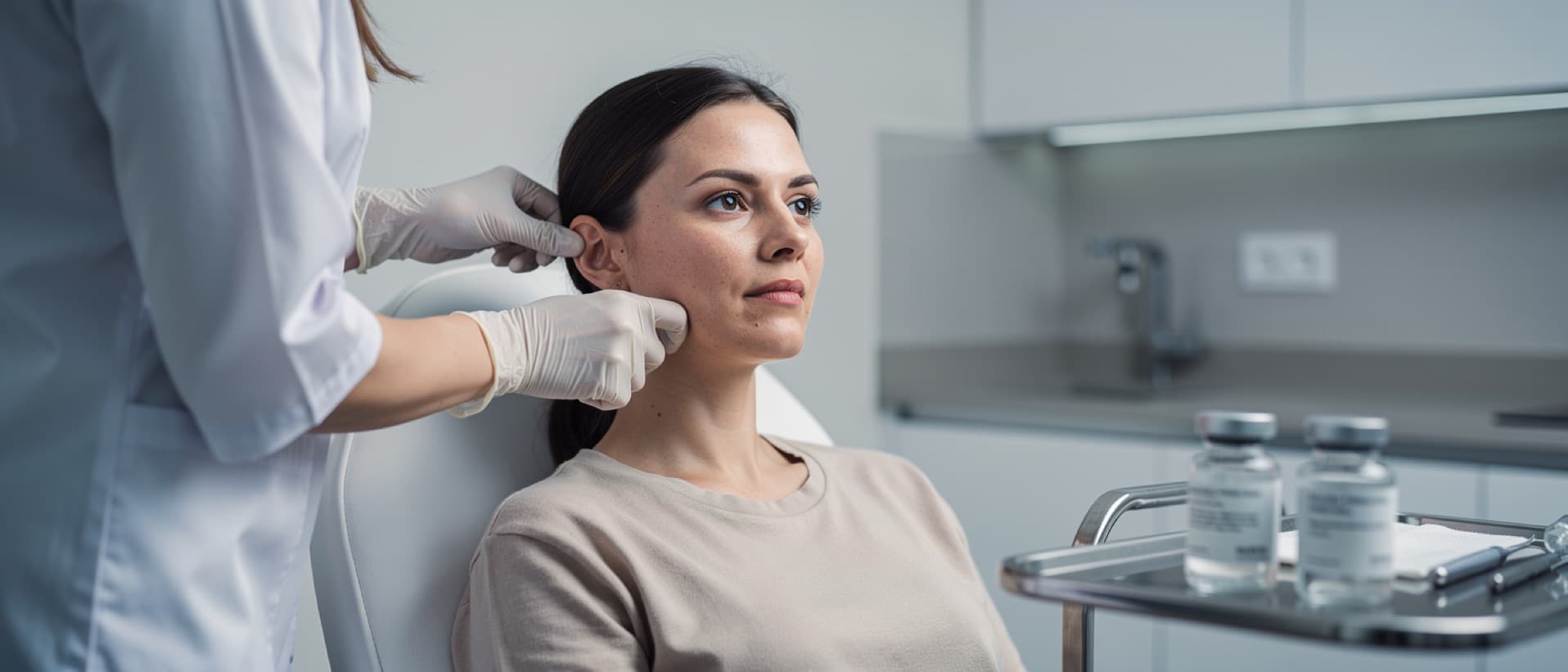 Doctor examining a woman's jawline beside two vials, for Kybella cost and fat dissolving injections