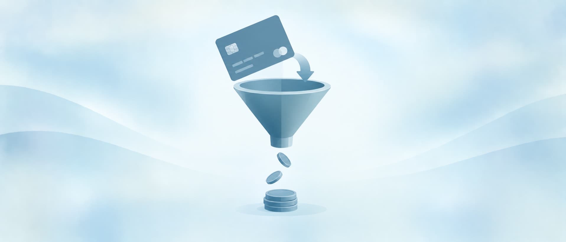 Credit card dropping into a funnel that lets out fewer coins, for card fees and dynamic currency conversion on a clinic bill