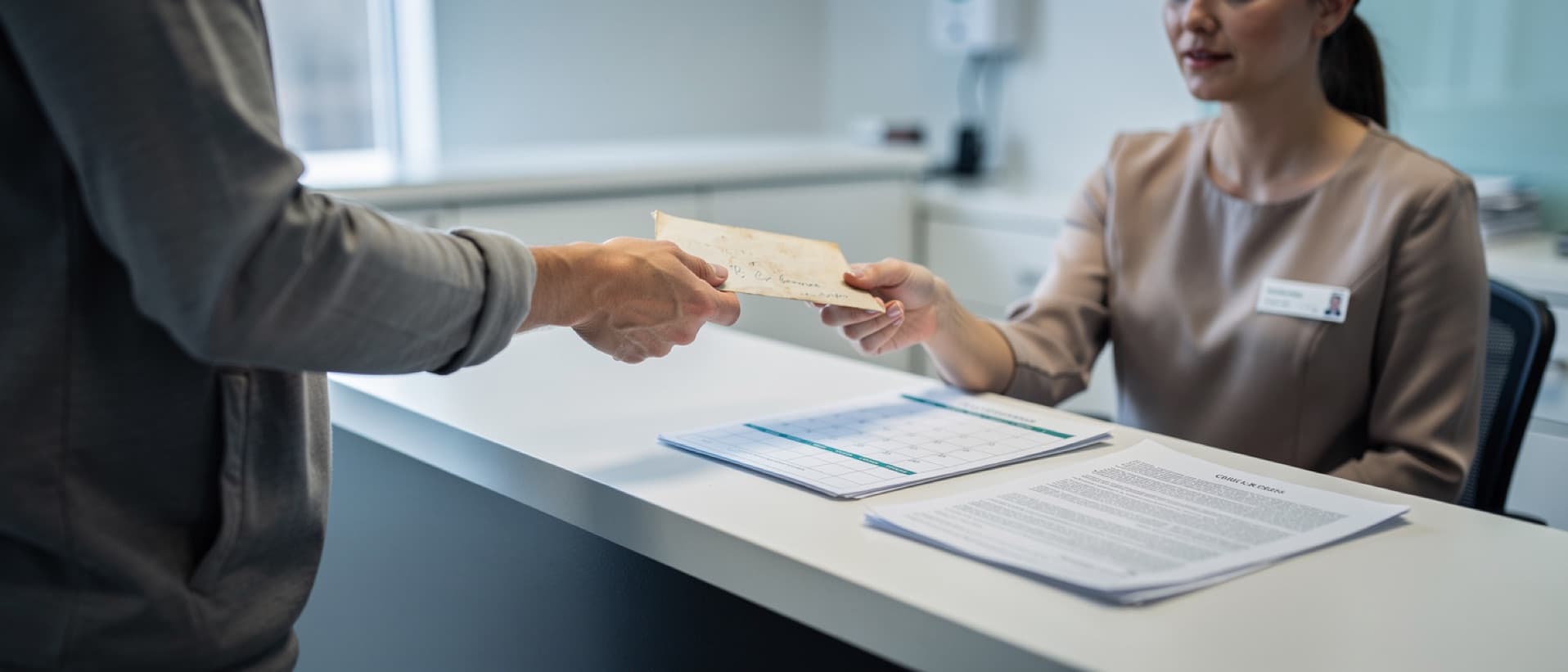 Patient handing a deposit envelope to a clinic receptionist, for a non-refundable clinic deposit abroad