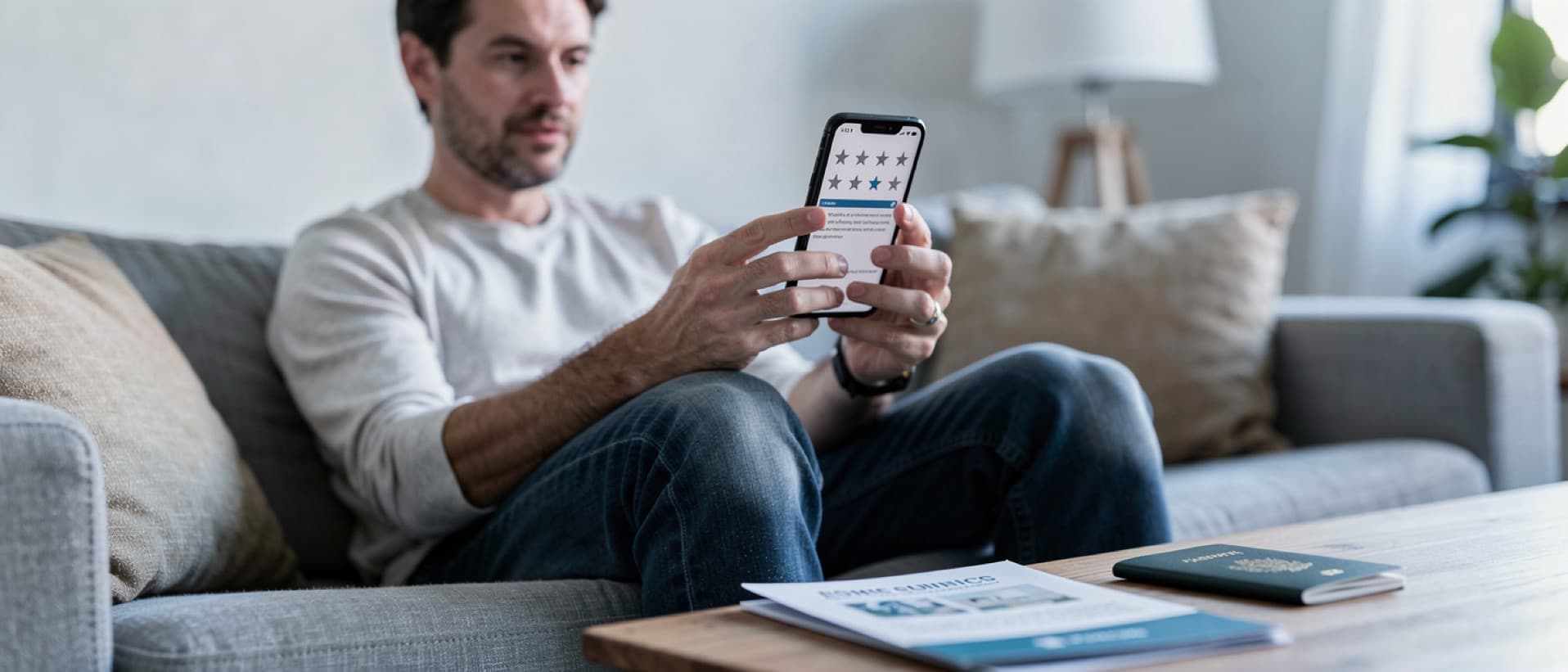 Man on a sofa scrolling star ratings on his phone, checking whether Turkey hair transplant reviews are real