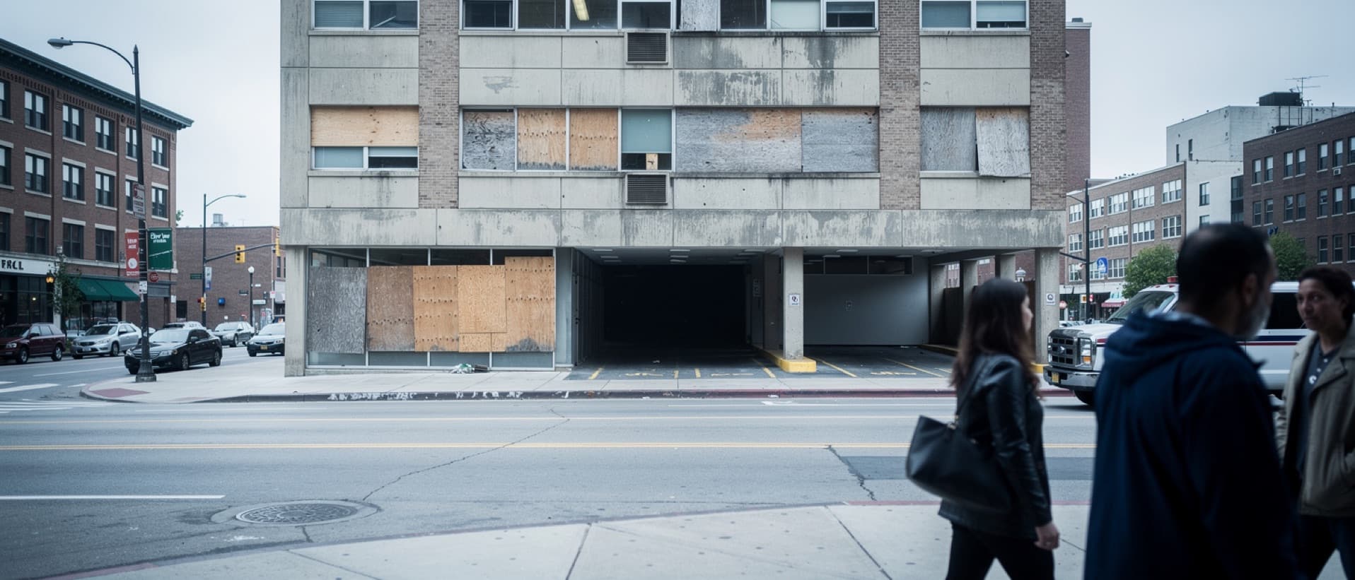 Closed city hospital with an empty ambulance bay, for rural and urban hospital closures and travel distance