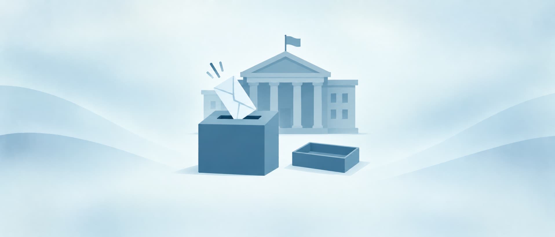 Envelope dropped into a complaint box beside an empty tray and a government building