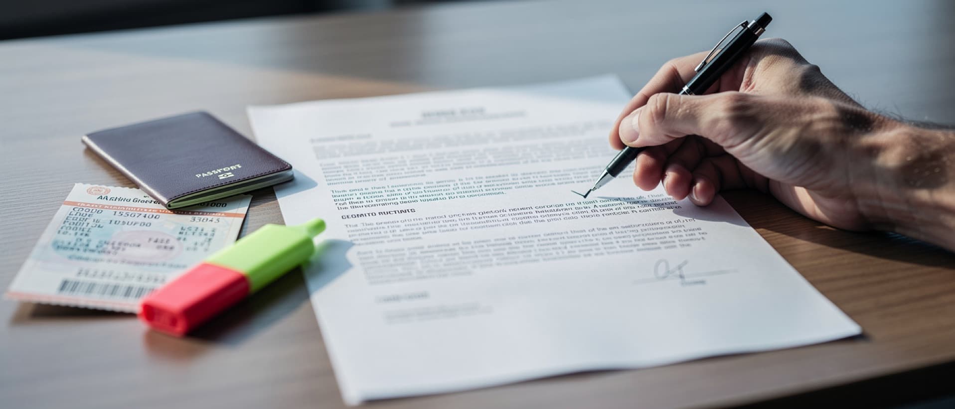 Hand ticking a contract beside a passport and boarding pass, for a medical contract review before travel