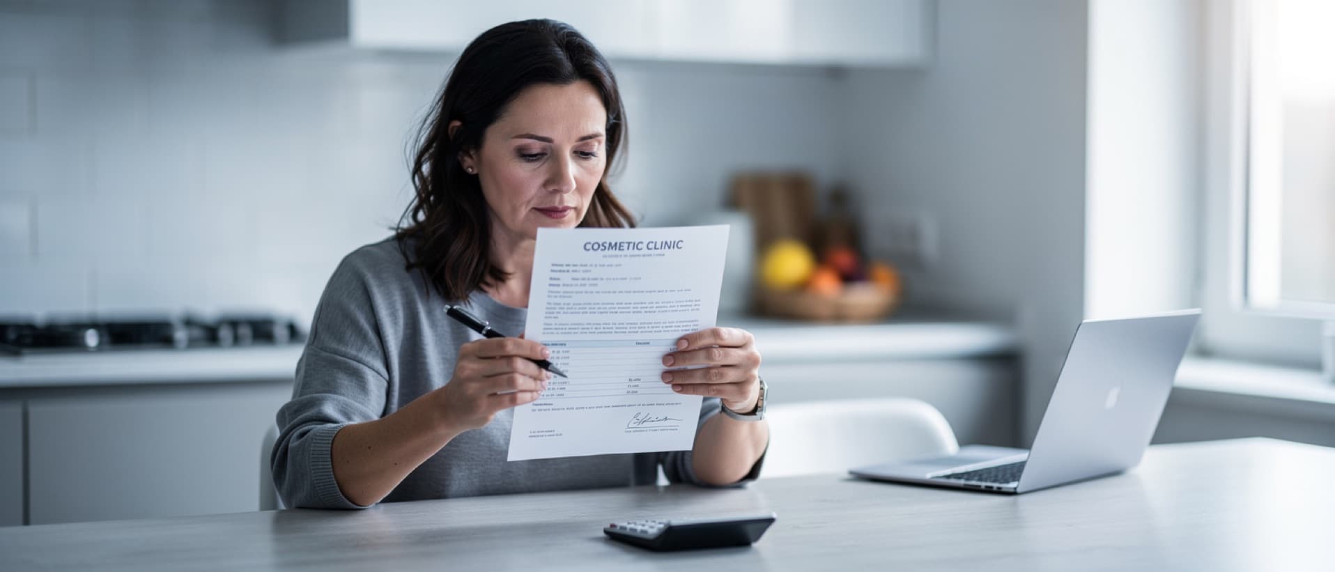 Woman checking a cosmetic clinic quote with a pen at her kitchen table, asking whether Botox is VAT exempt