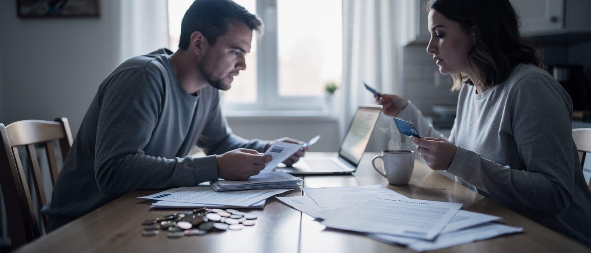 Couple sorting health insurance letters and cards at a table, comparing the eigen risico 2027 and zorgpremie 2027