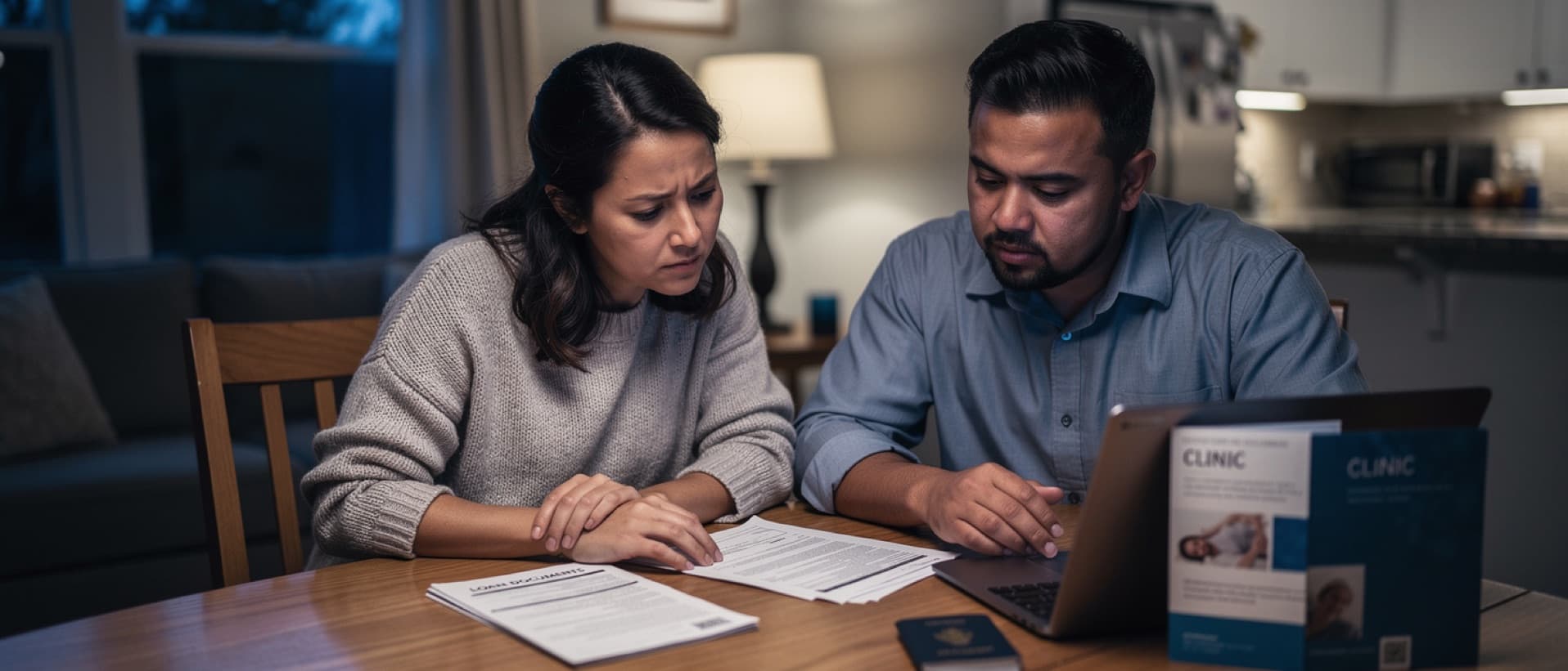Couple reviewing loan paperwork beside a clinic brochure, for how many medical tourists borrow to pay for treatment