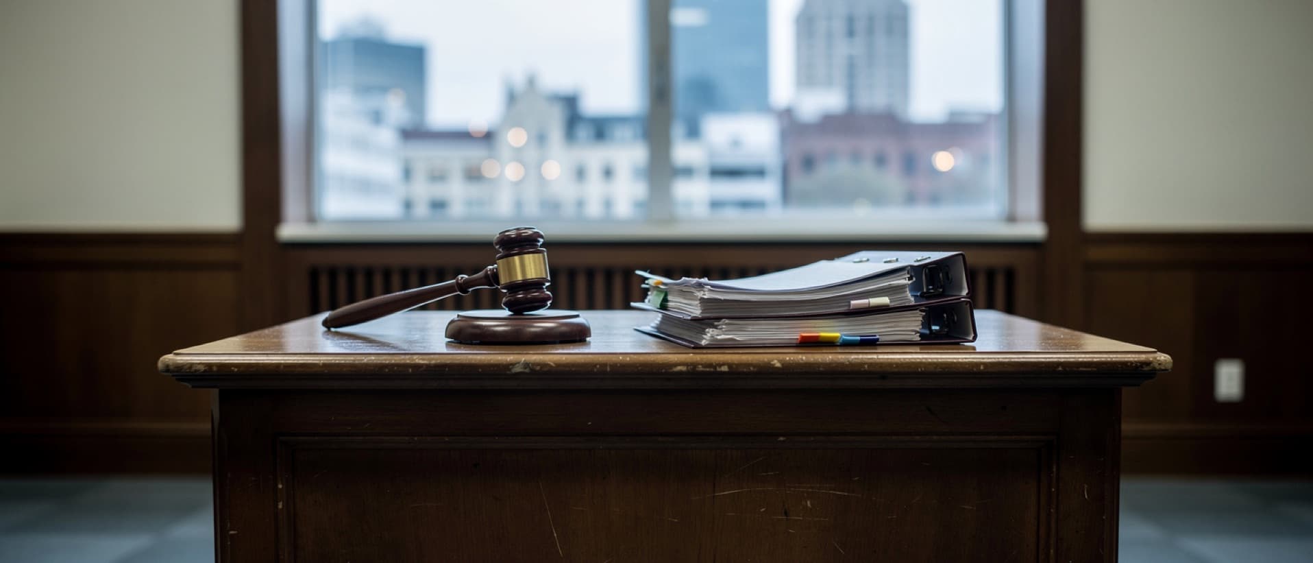 Gavel and file on a judge's bench in an empty courtroom, for suing a clinic abroad from home