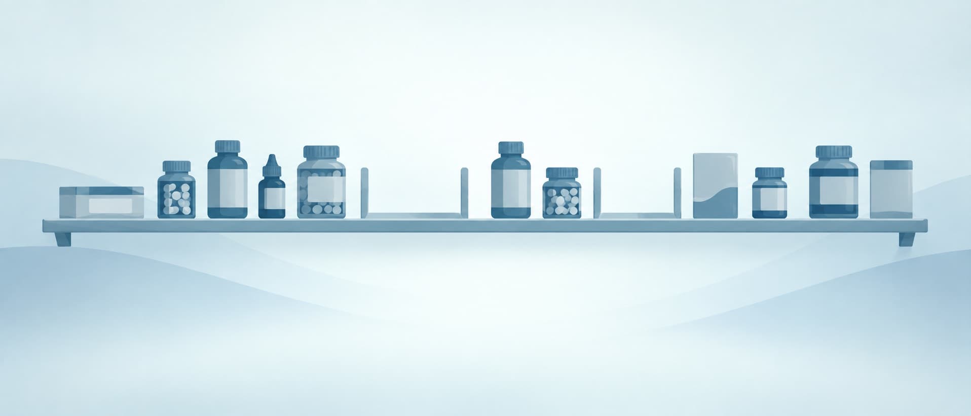 Pharmacy shelf with empty gaps between medicine bottles, for Europe's antibiotic and drug shortages