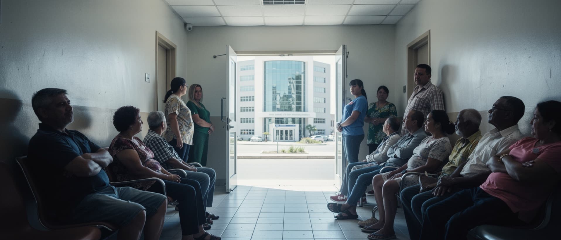 Crowded public clinic facing a gleaming private hospital, for medical tourism's effect on local patients