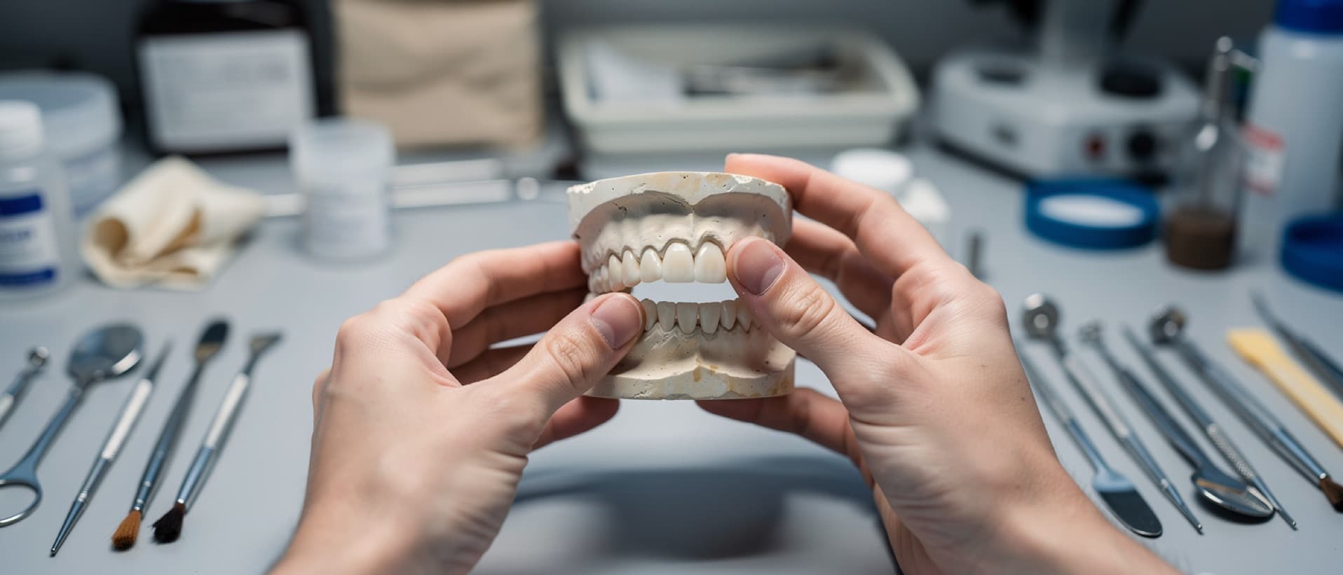 Dental technician holding a jaw model with porcelain teeth, for dental bridge vs implant cost and per-unit pricing
