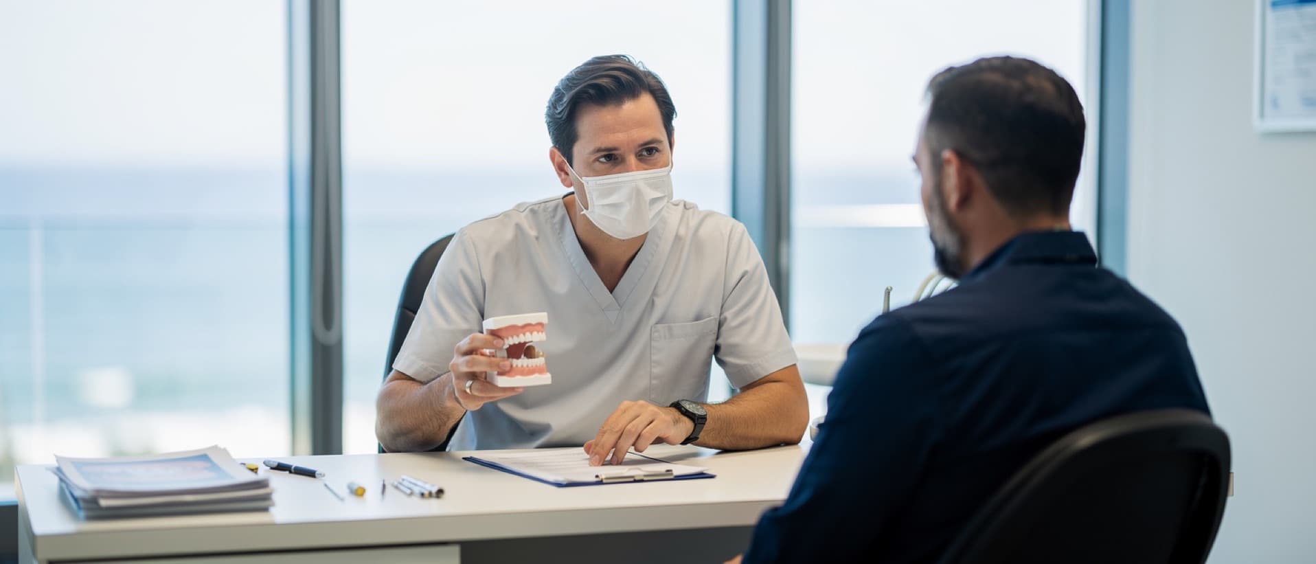 Dentist explaining an implant model and treatment quote to a patient, for what dental implants cost abroad