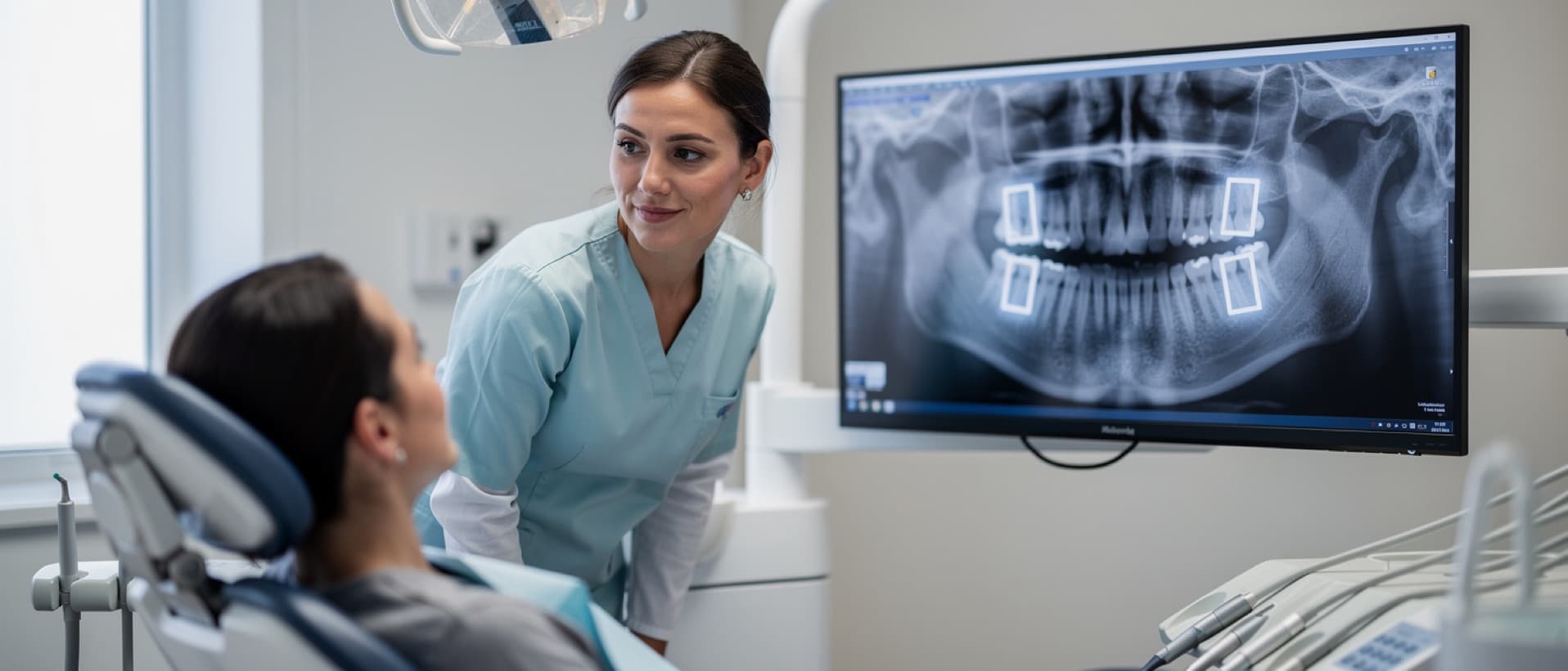 Dentist reviewing a panoramic X-ray with highlighted areas on a monitor, for AI dental findings that may be false