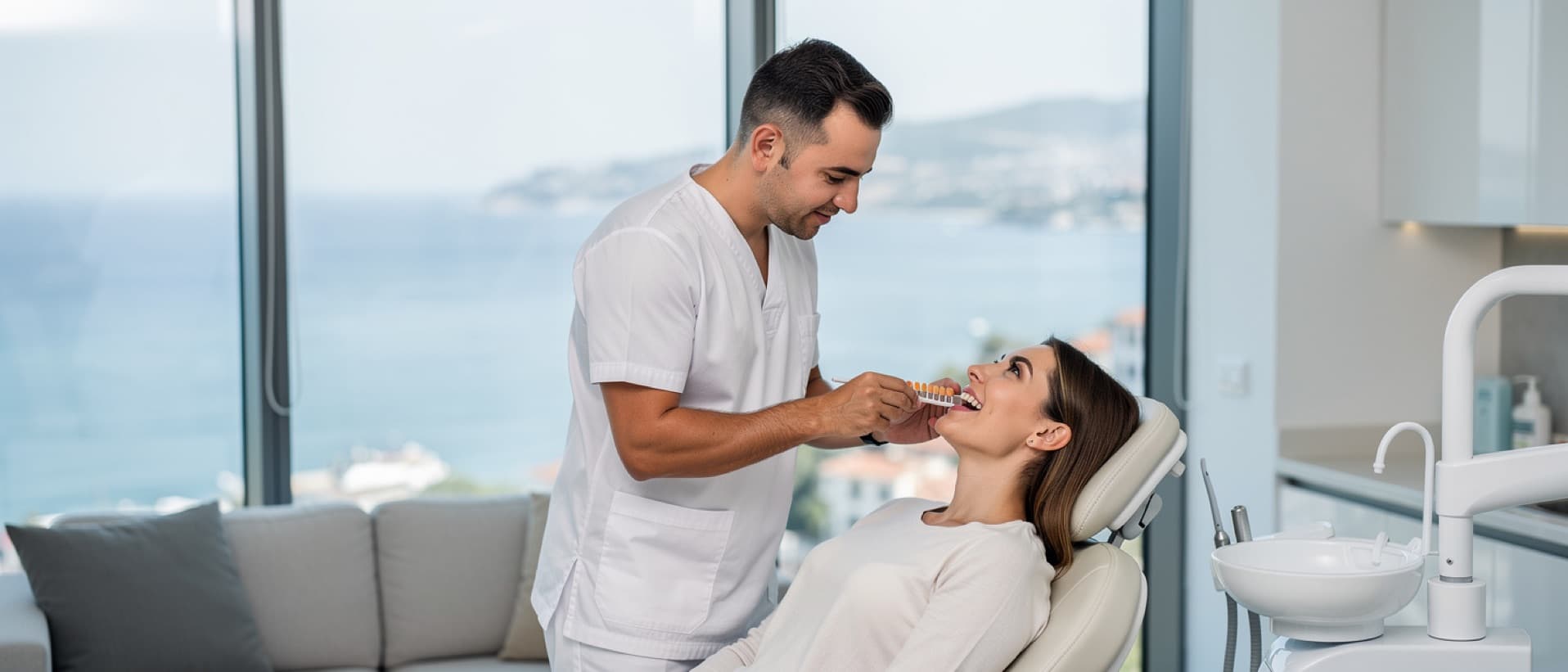 Dentist holding a shade guide to a patient's smile, for veneers cost and Turkey teeth