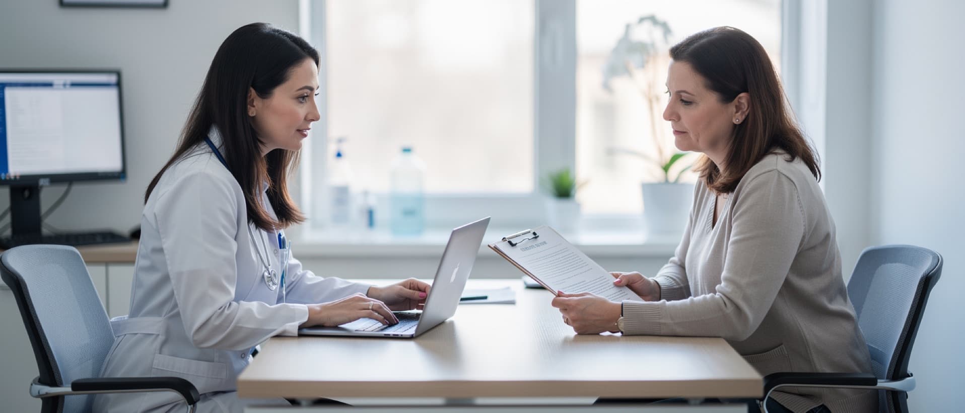 Doctor showing a patient a laptop as she holds a consent form, for AI disclosure rules in healthcare by country