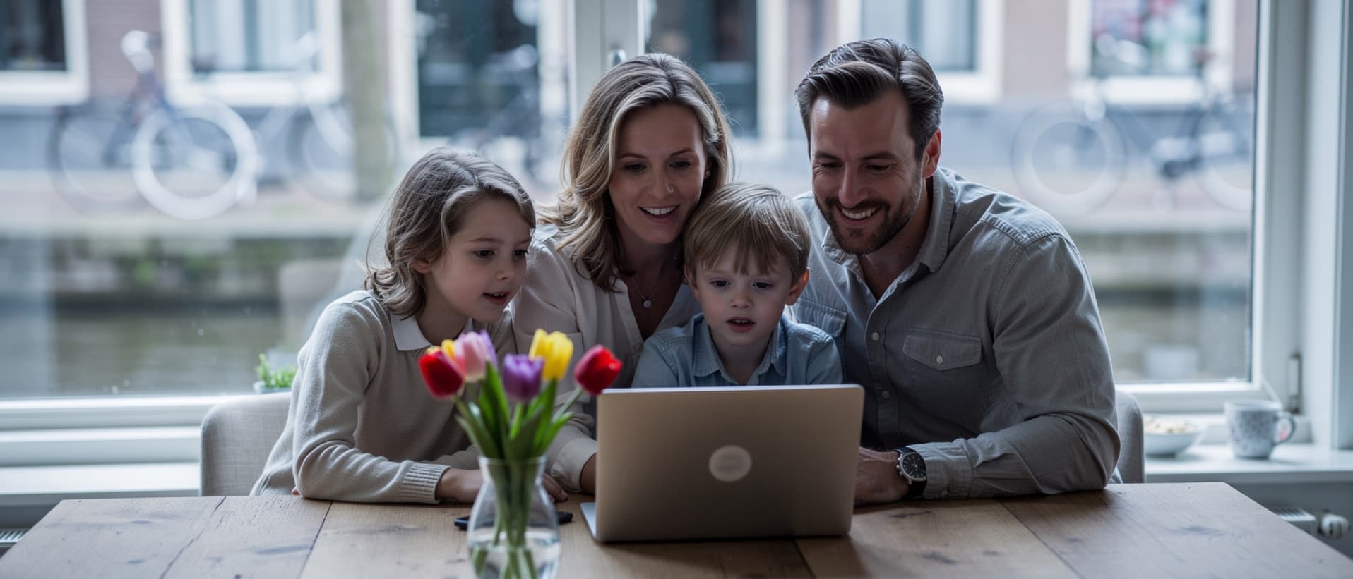 Dutch family at a laptop with a fundraising page, for crowdfunding medical treatment in the Netherlands