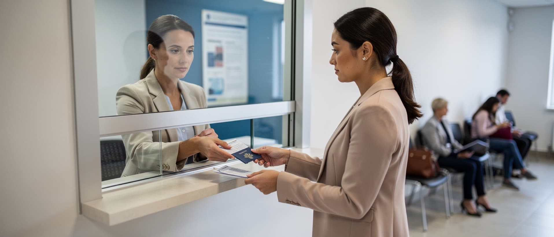 Woman handing a passport and medical documents through a visa window, for medical visa requirements and stays