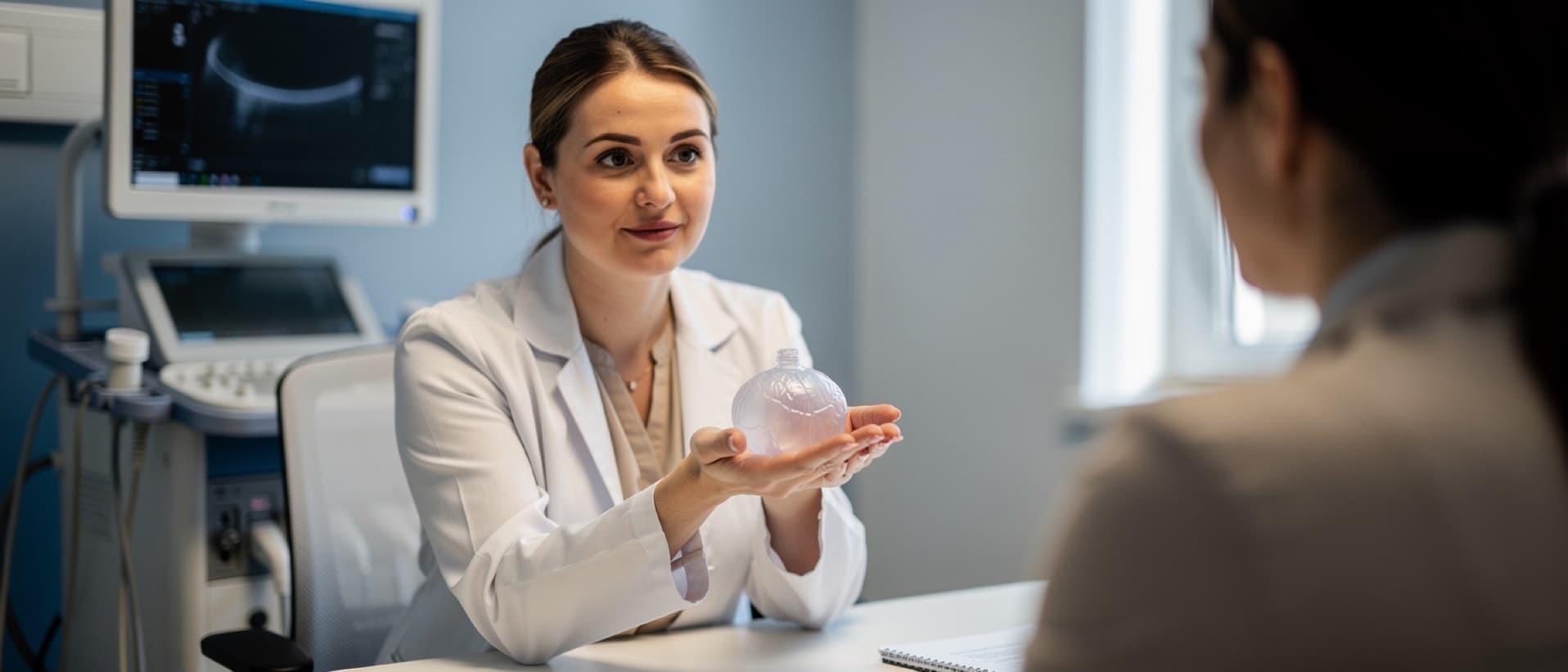 Doctor showing a patient a gastric balloon, for how long an Orbera balloon stays in versus Allurion