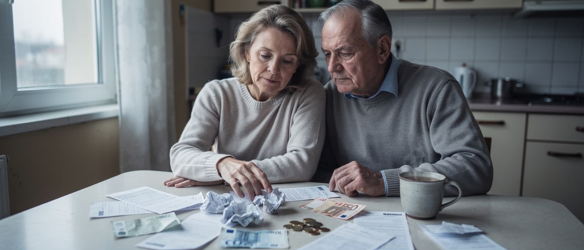 Older couple sorting medical bills and euro notes at a kitchen table, illustrating catastrophic health expenditure