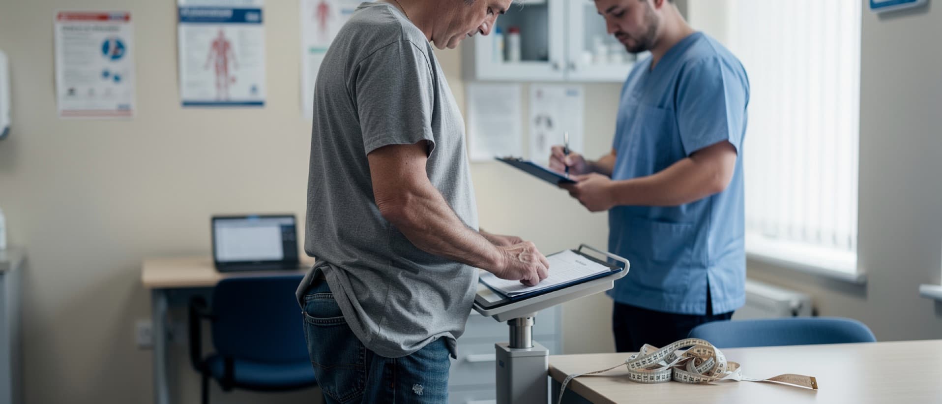 Man in a now-oversized t-shirt at an NHS weigh-in before a referral for skin removal surgery after weight loss