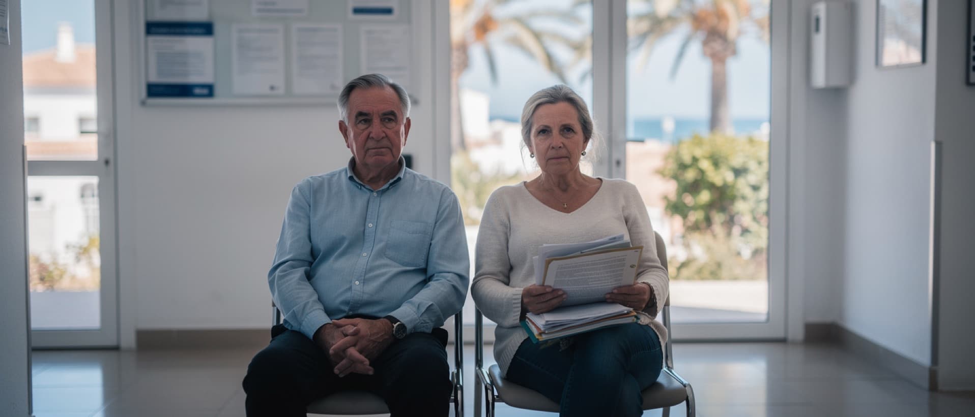 Retired expat couple with documents in a Spanish health centre, for expat health insurance in Spain and Italy
