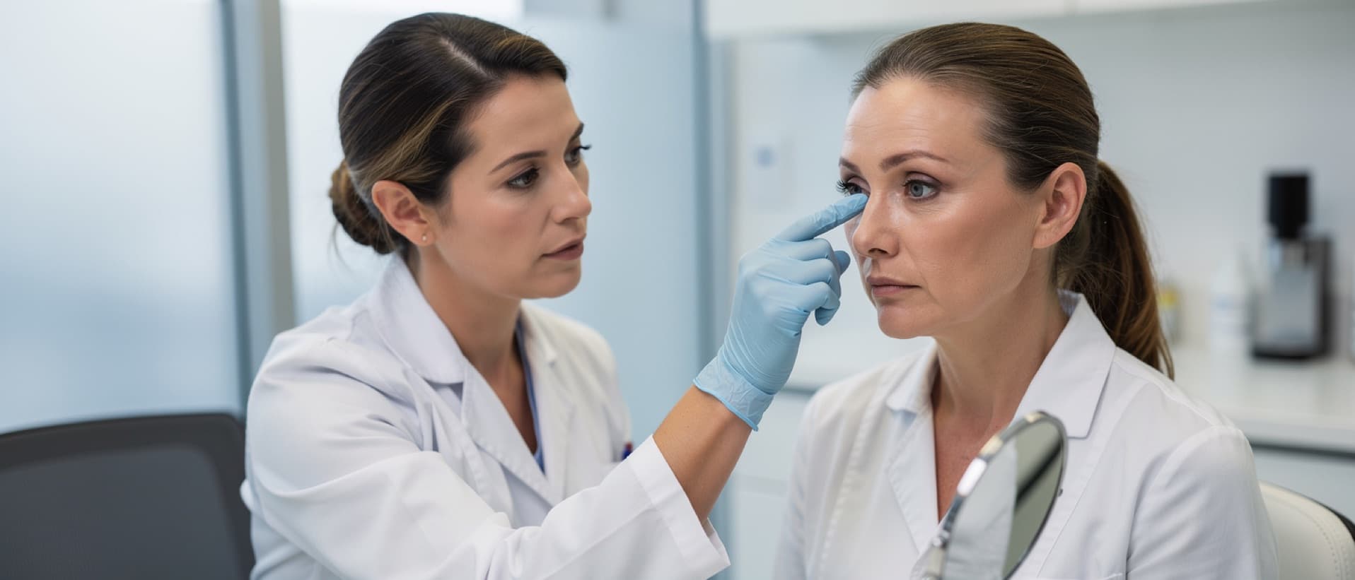 Surgeon assessing a woman's eyelids during a consultation, comparing eyelid surgery cost by country