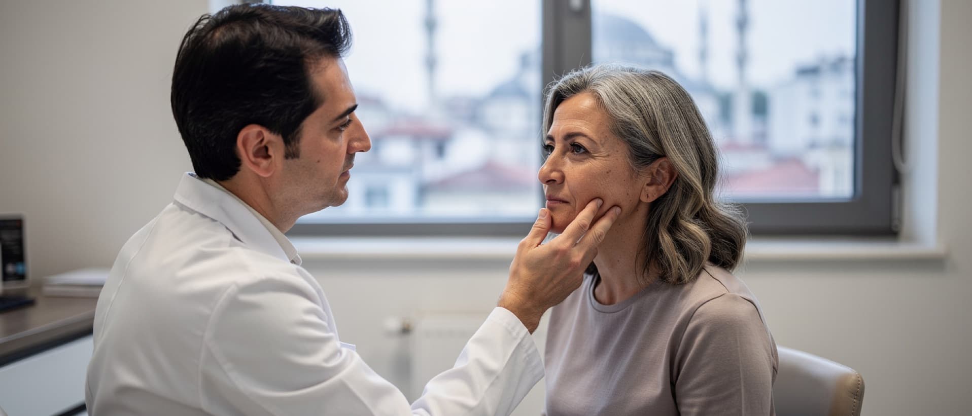 Surgeon tracing a woman's jawline in a consultation in Istanbul, for facelift and neck lift cost