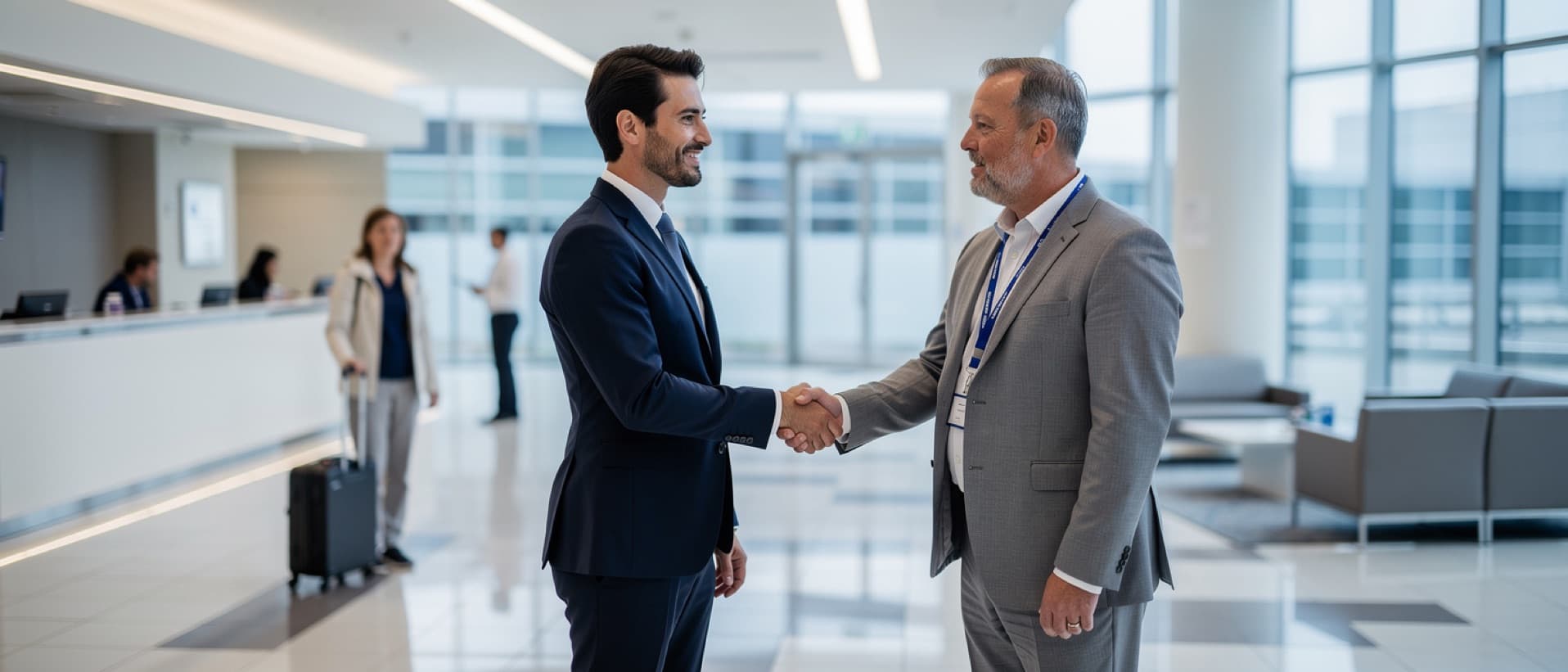 Facilitator shaking hands with a hospital manager as a patient waits, for a hidden hospital commission vs a visible fee