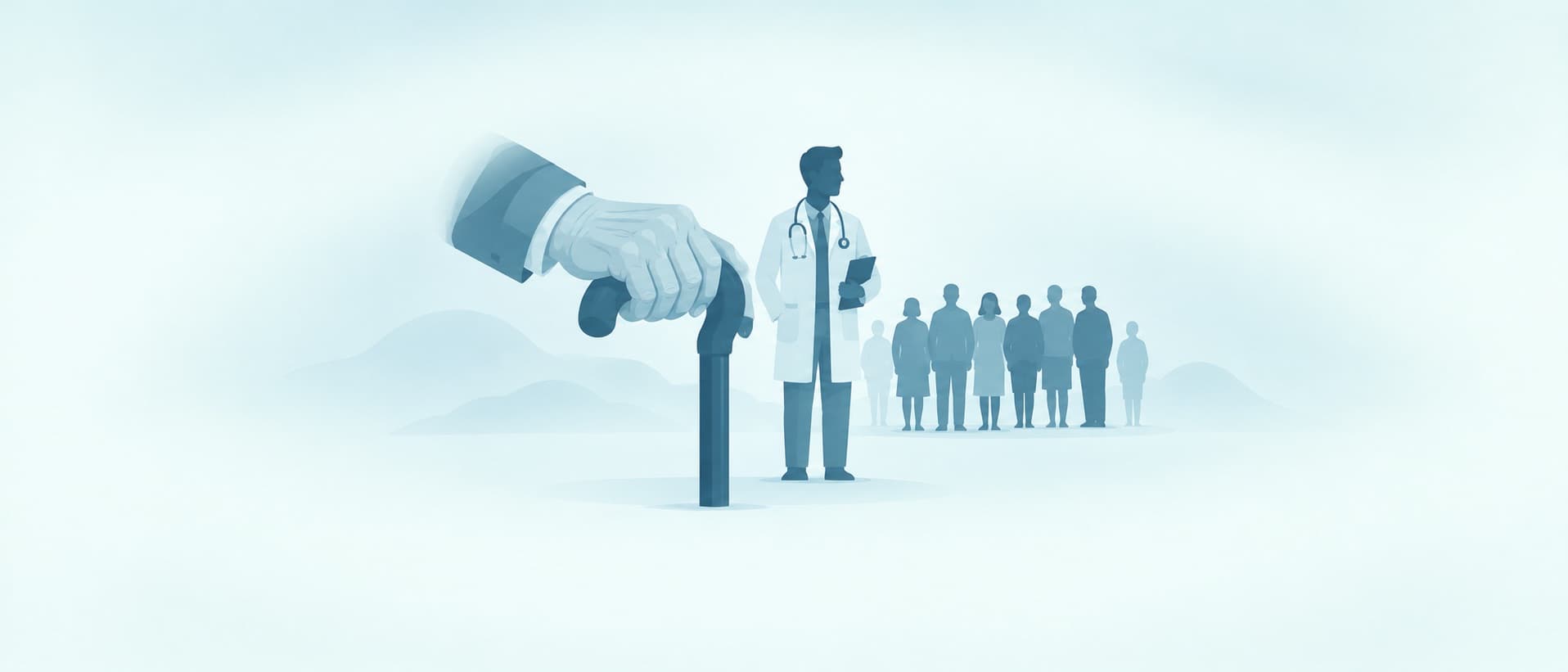 Older hand on a cane beside one doctor and a queue of patients, for the shortage of geriatric medicine doctors