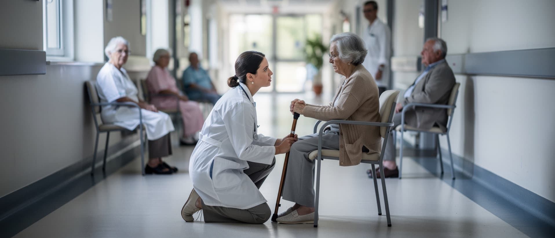 Geriatrician speaking with an older woman while others wait, for the shortage of geriatric medicine doctors