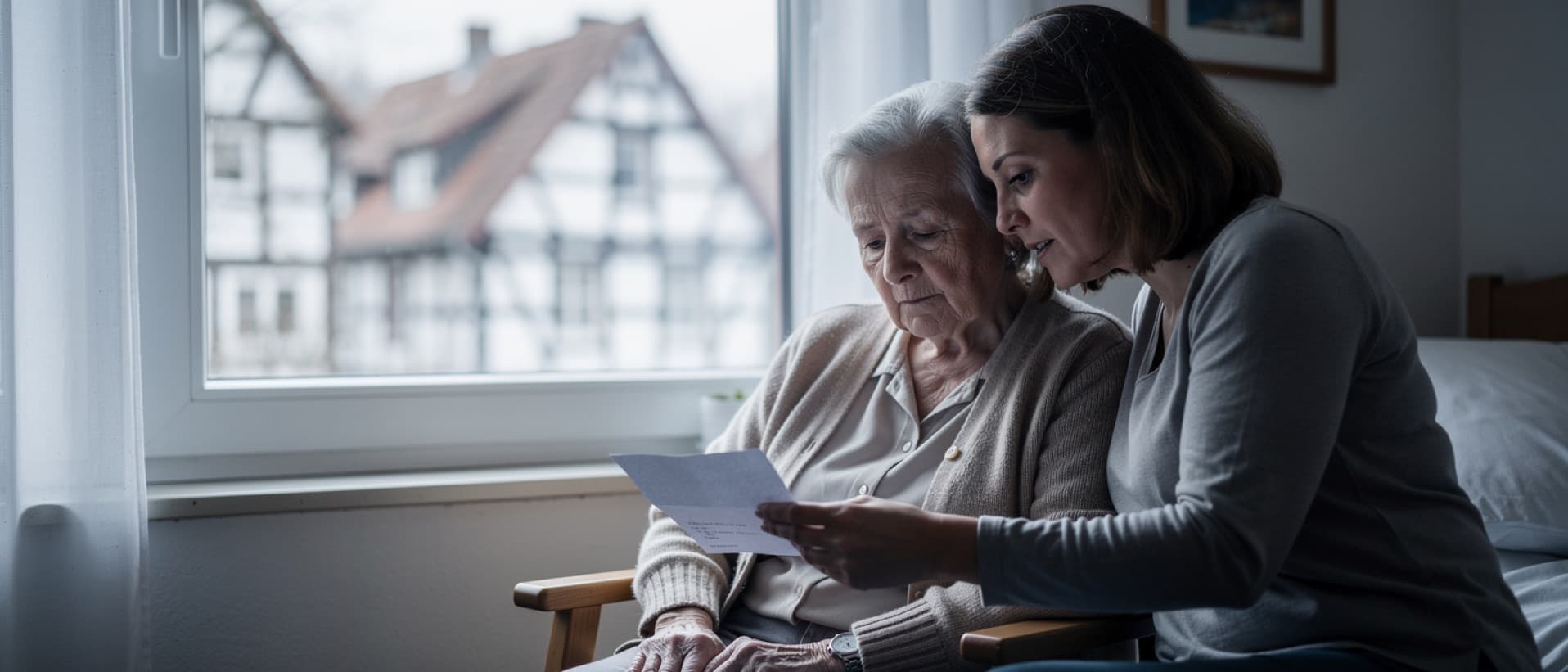 Daughter reading a letter beside her mother in a German care home, for nursing home and care home fees in Germany