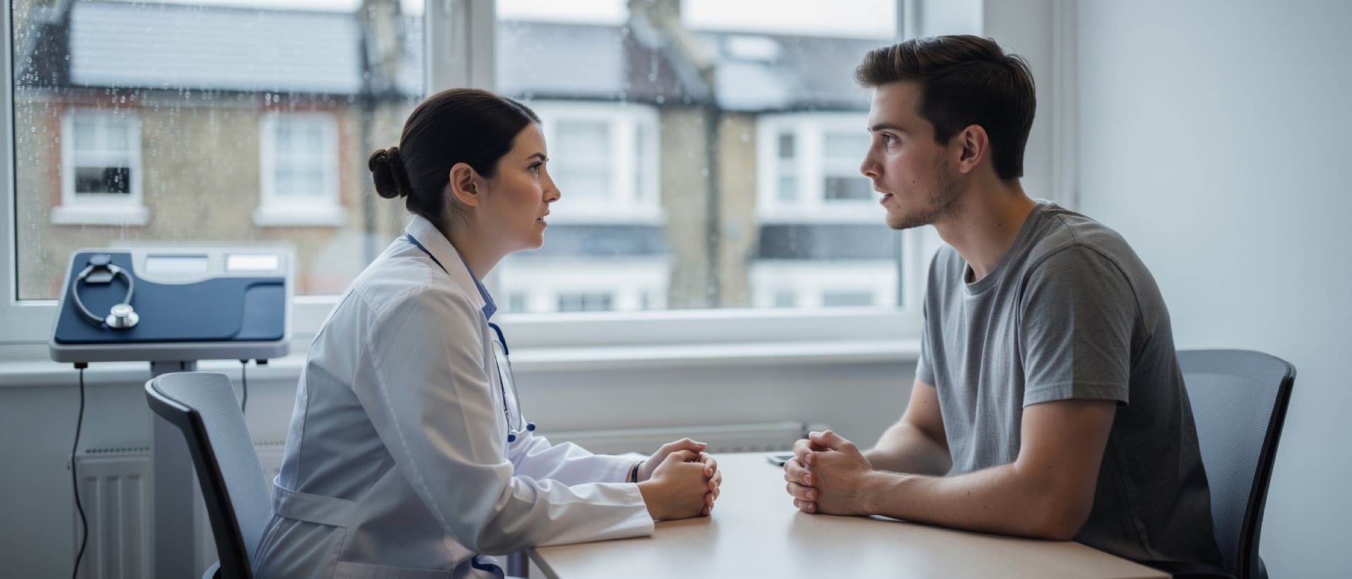 Young man in a consultation with a doctor in a London clinic, for male breast reduction cost and the NHS BMI cut-off
