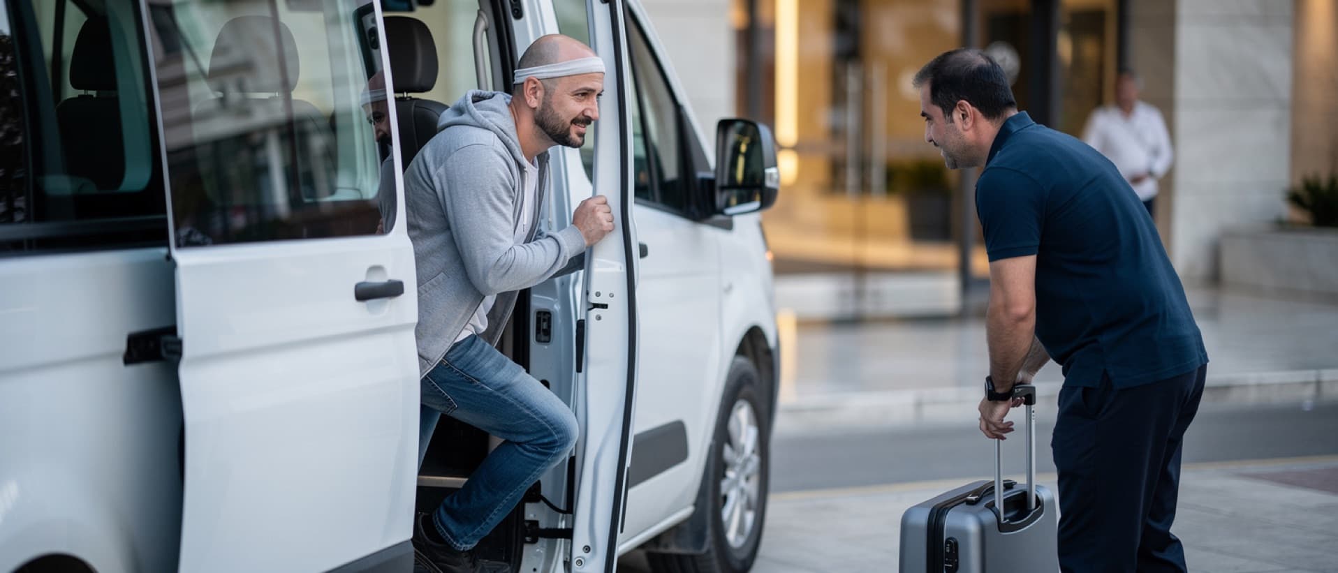 Man with a shaved head arriving by clinic shuttle at an Istanbul hotel, for FUE hair transplant cost in Turkey vs the US