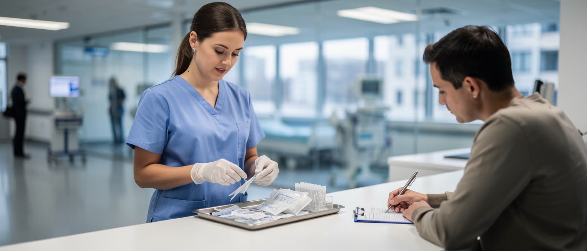 Nurse preparing a swab kit at hospital admission, for infection screening after surgery abroad