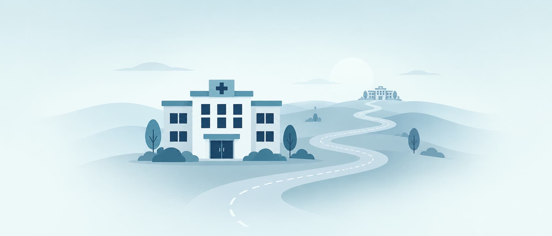 Hospital with a long winding road to a distant hospital on the hills, for rural hospital closures and travel distance