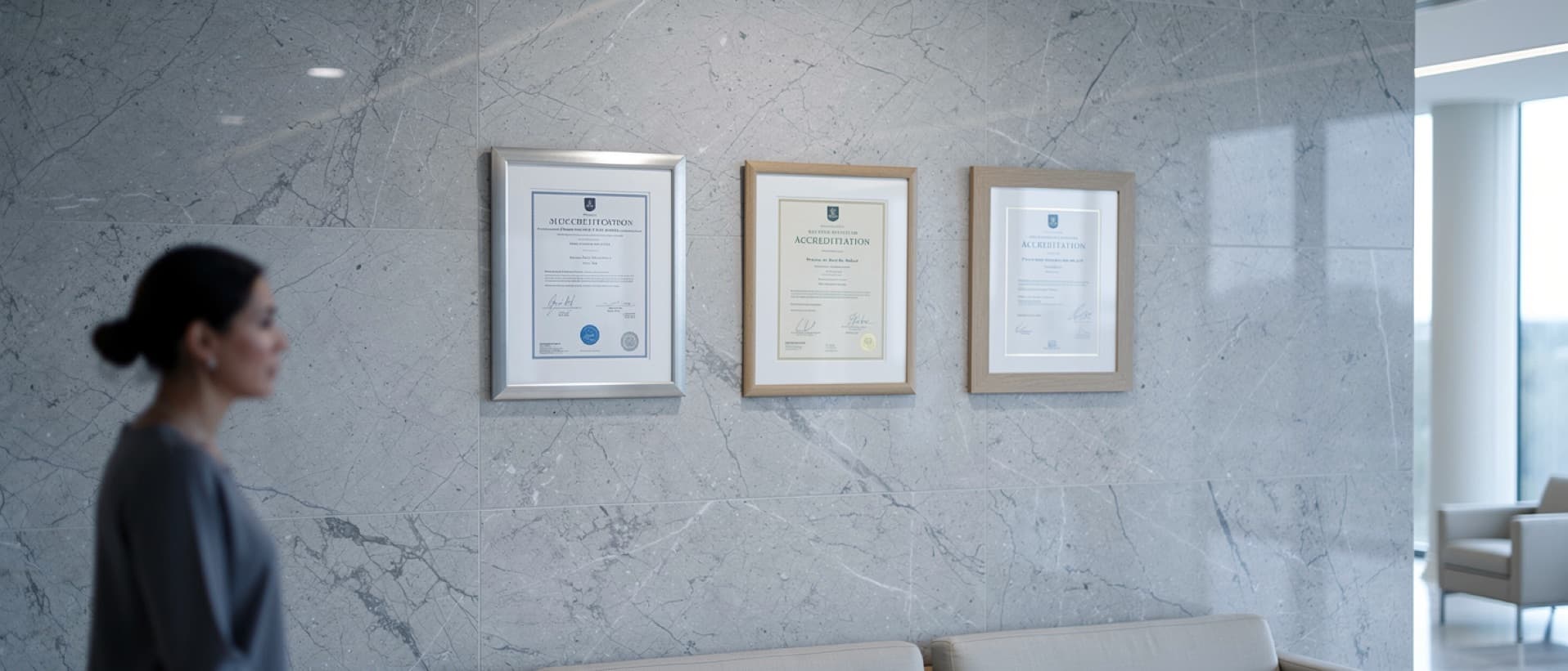 Three framed accreditation certificates on a hospital wall, for JCI accredited hospitals vs Temos and GHA