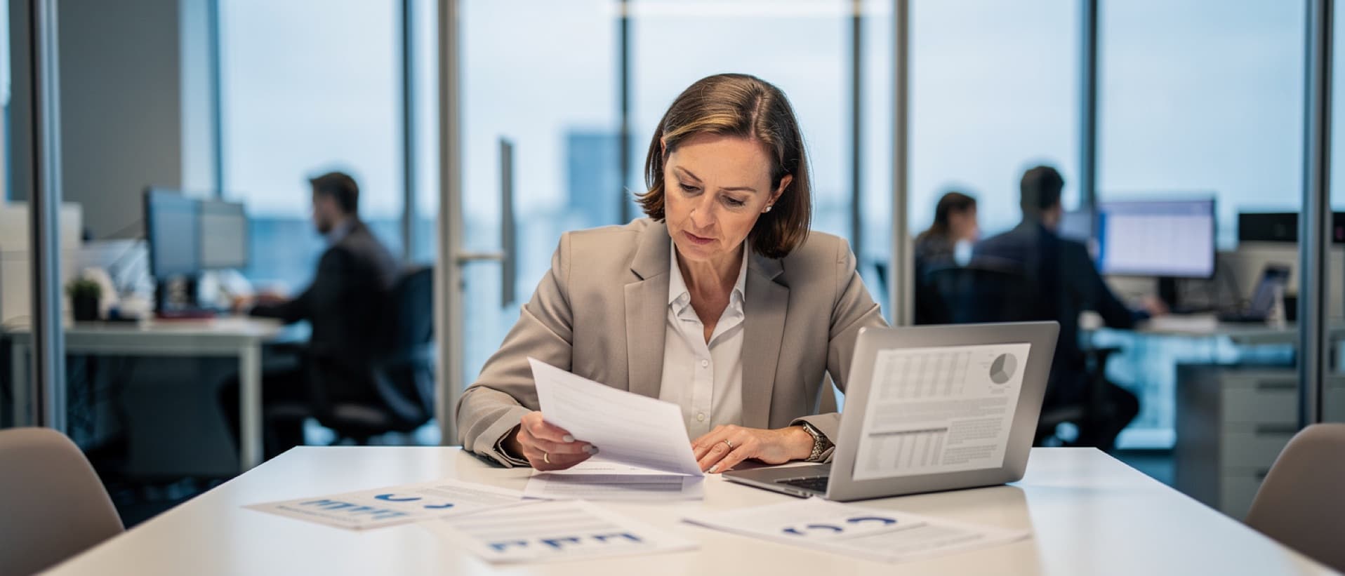 HR manager reviewing benefits paperwork beside a laptop, for 2027 health insurance premium increase forecasts